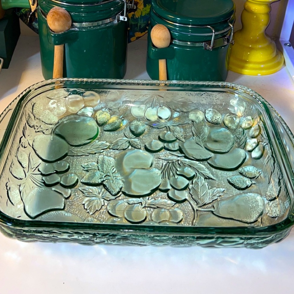 90s Libbey “Orchard Fruit” Green Glass Cake Pan Vintage Baking Dish Retro 9x13